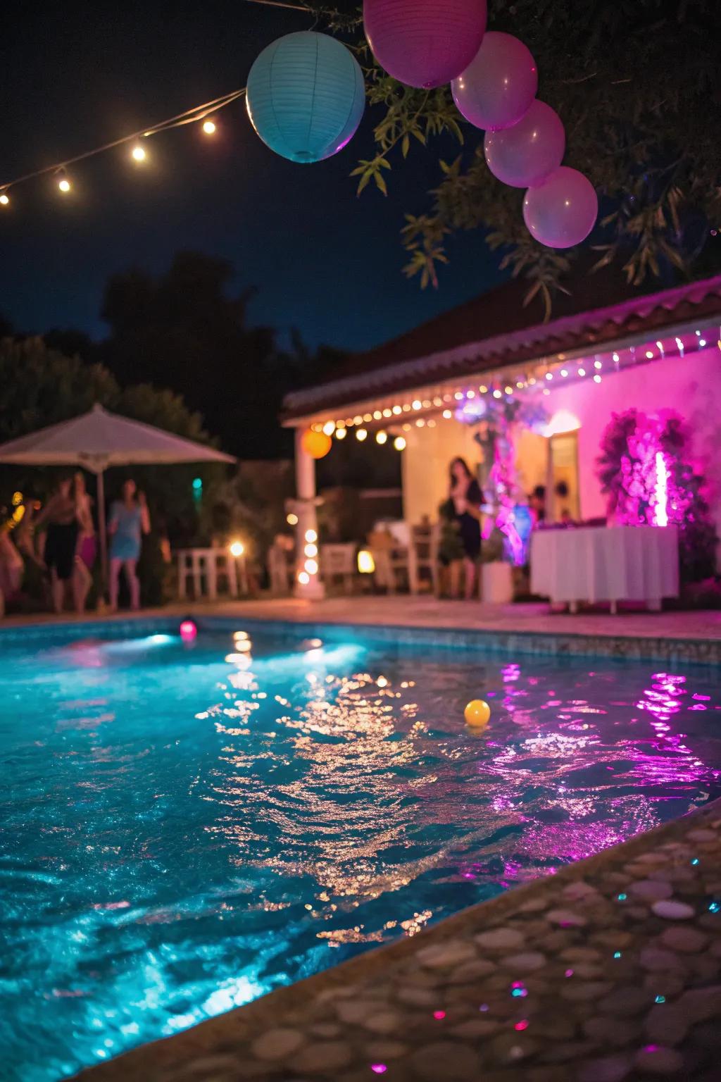 Colored lights transform your pool space into a vibrant party zone.
