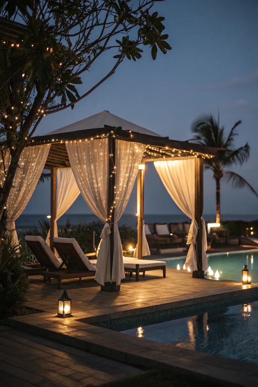 A poolside lounge with twinkling lights fashions a magical evening retreat.
