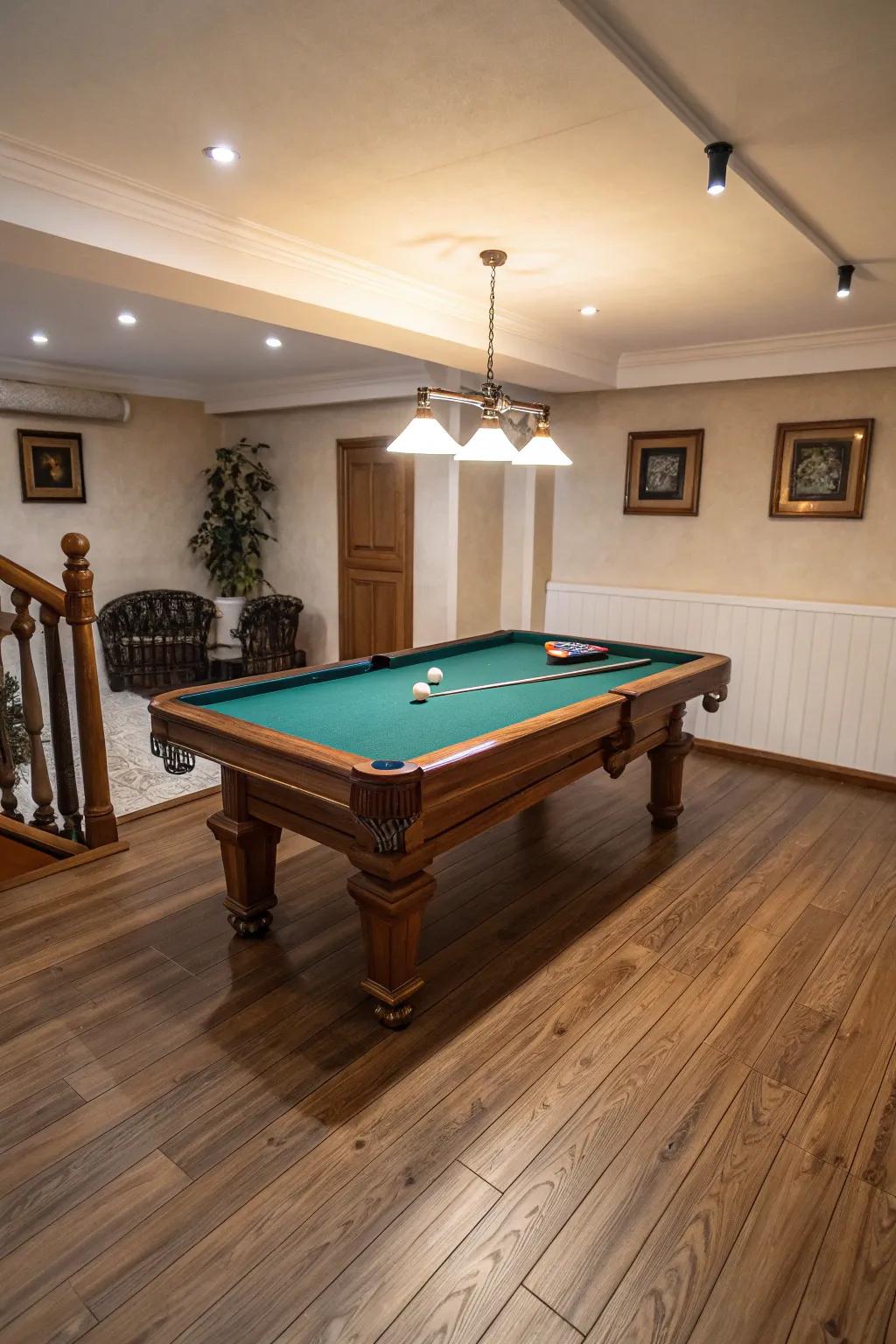 Hardwood flooring complements the elegance of a small pool table room.