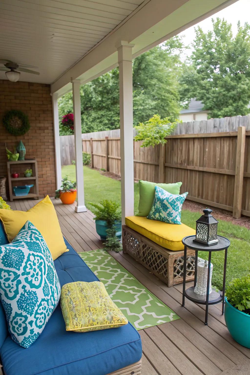 A porch expansion with colorful cushions and small side tables.
