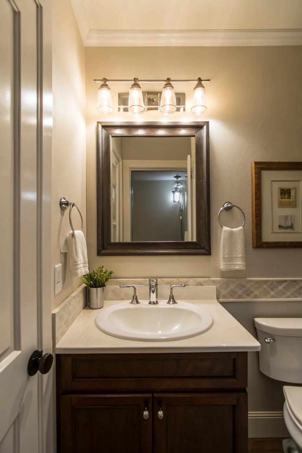 Functional illumination surrounding the sink is both useful and flattering.