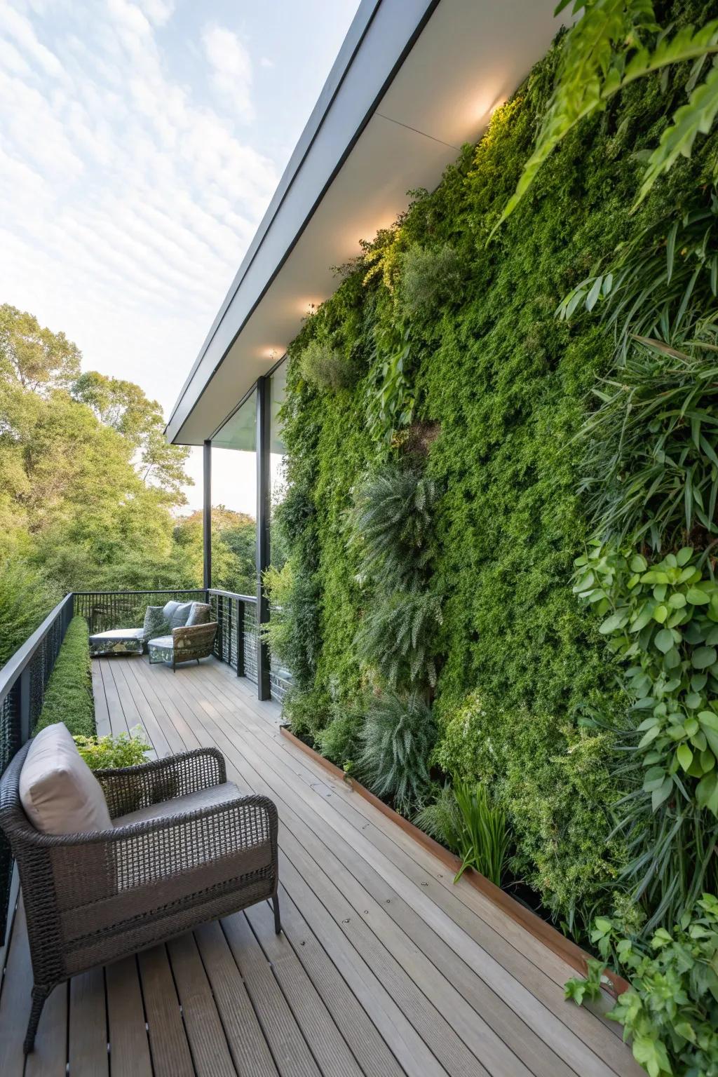 A lush vertical garden wall injects seclusion and verdancy into a deck.