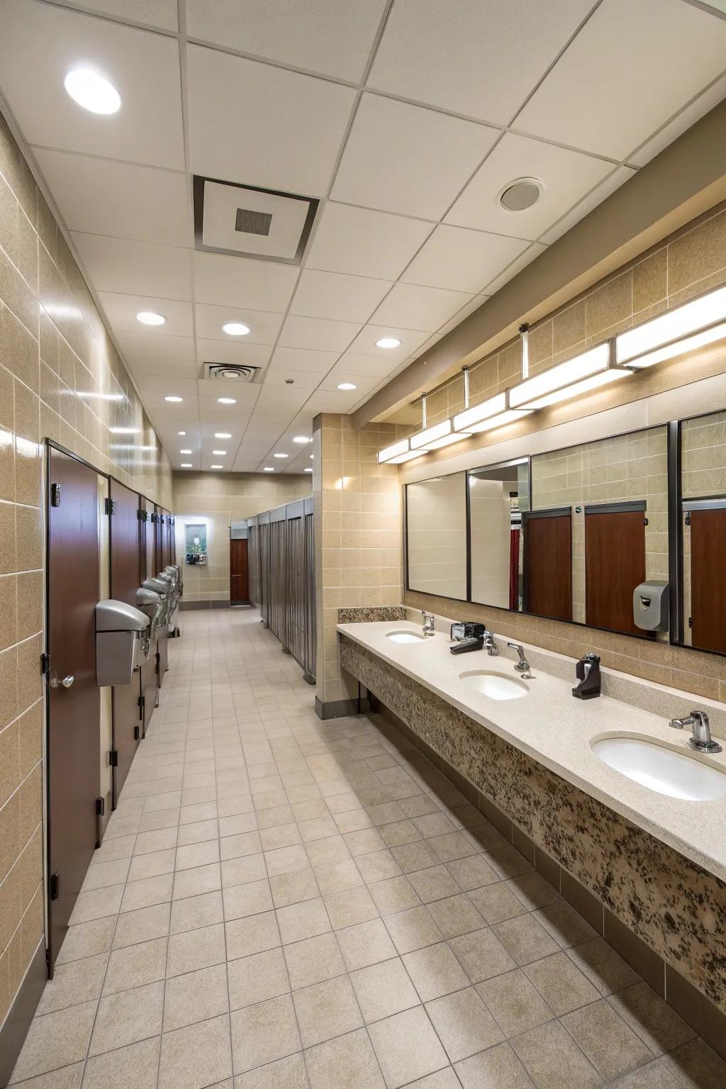 Productive blueprints streamline user flow in communal restrooms.