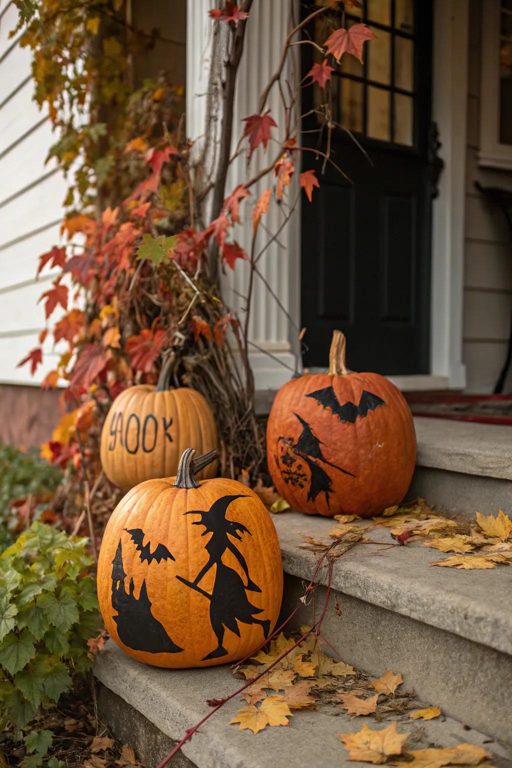 Pumpkins exhibiting eerie Halloween shadows.