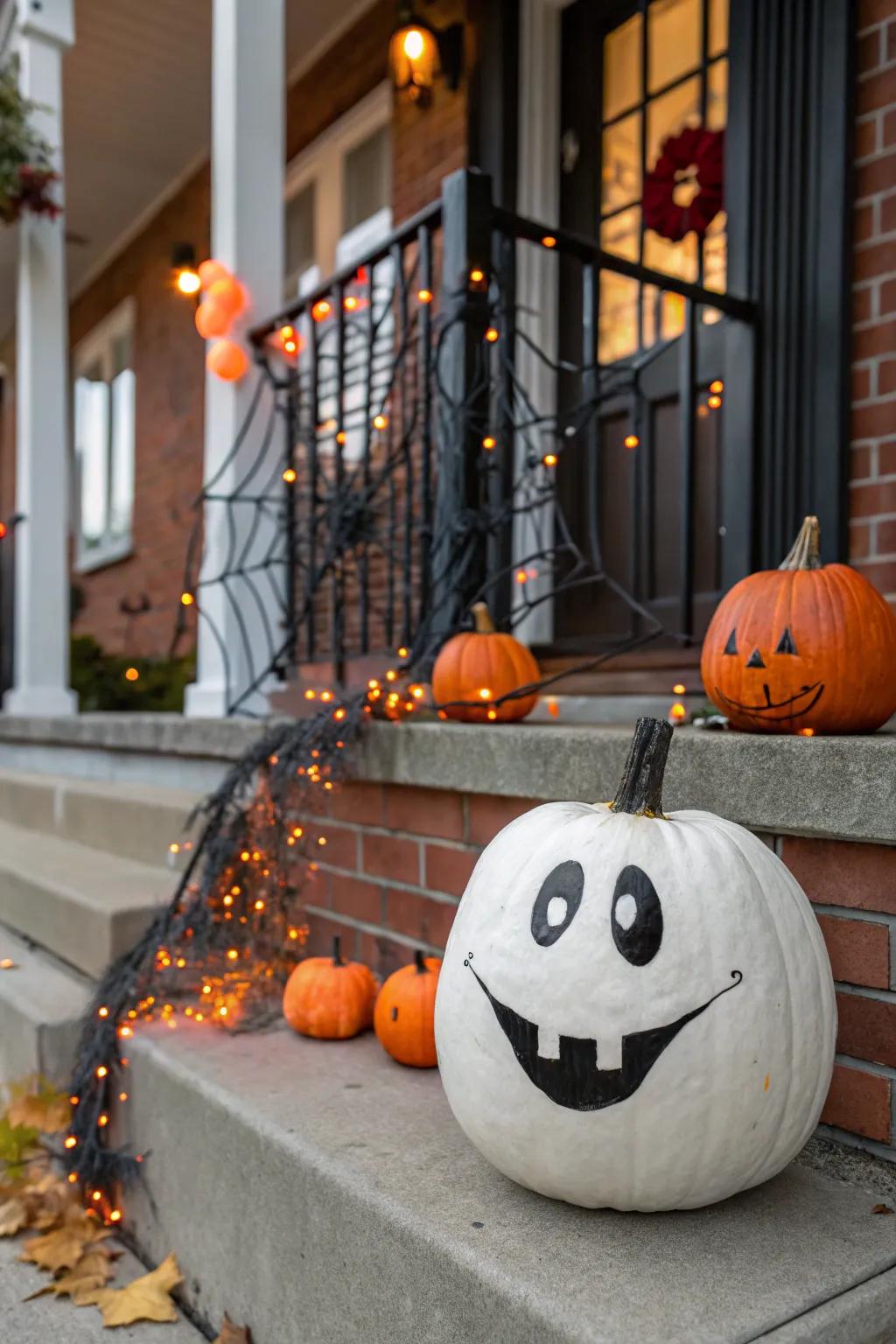 An affable ghost pumpkin spreading smiles rather than fright.