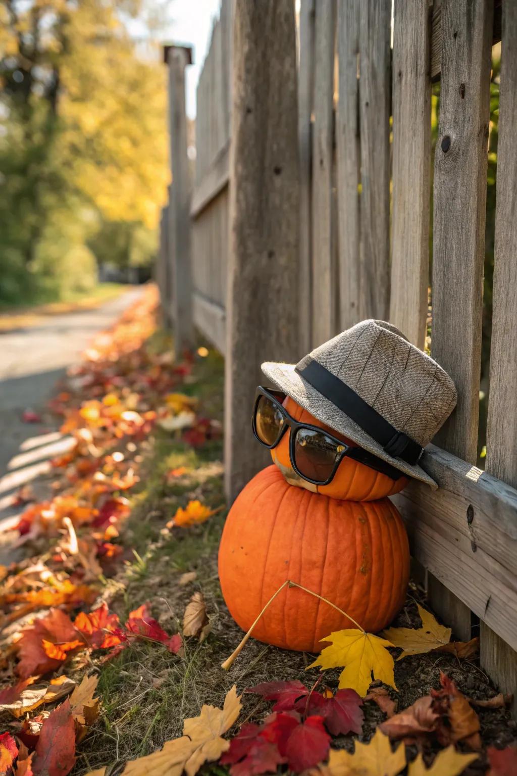 A quirky pumpkin accessorized with sunglasses and a hat.