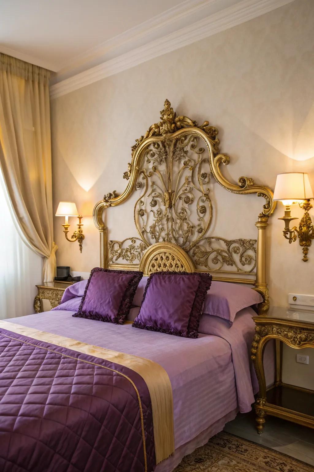 An ornate gold headboard brings flair and elegance to your bedroom.