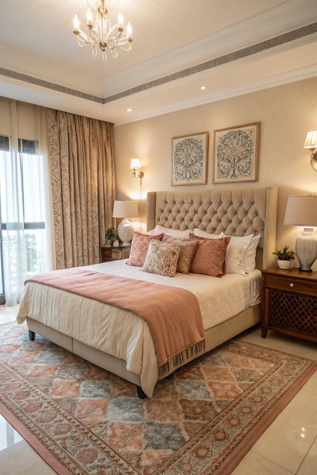 Synchronized hues breed accord within pillow settings.