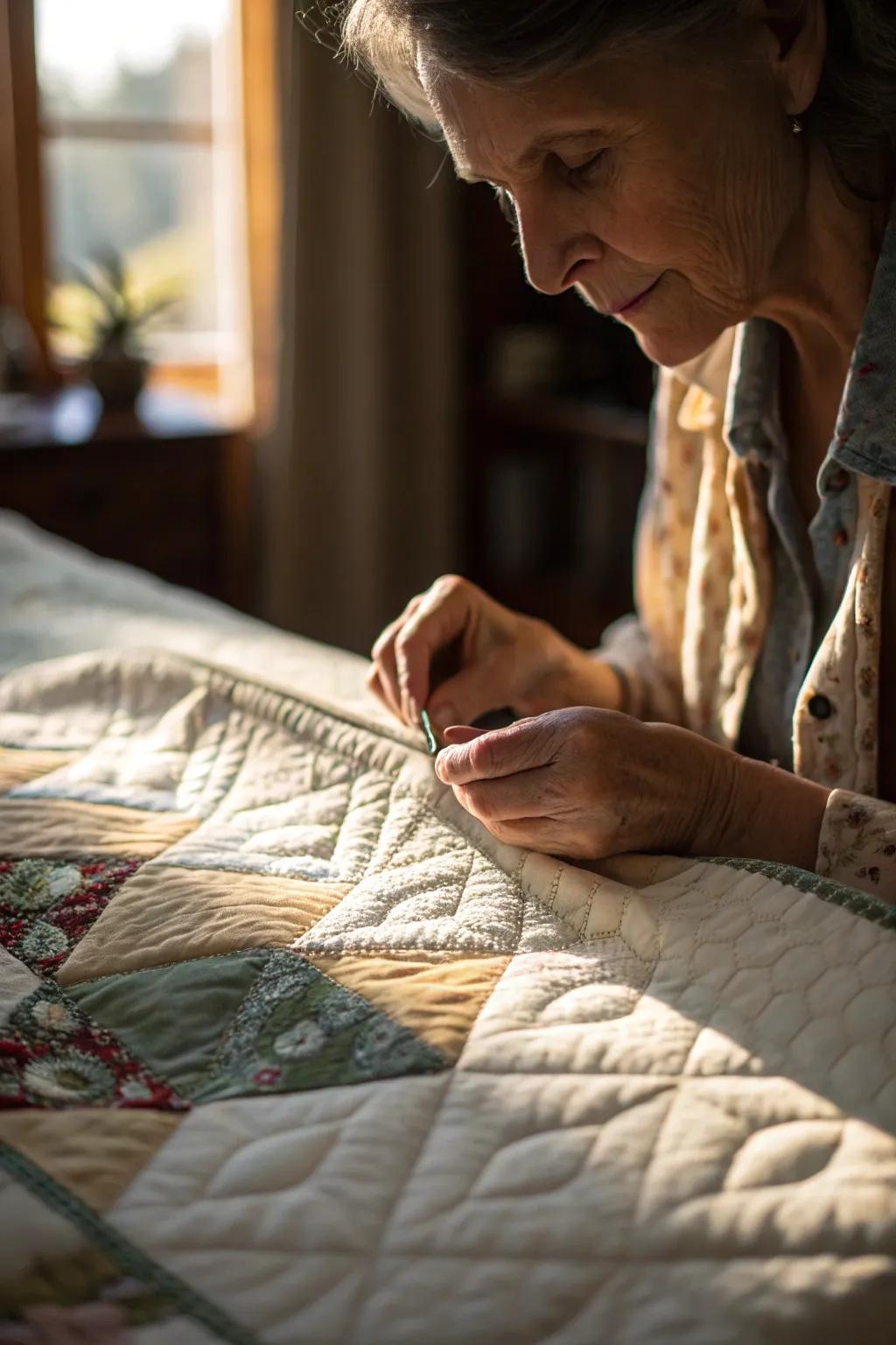 Manual quilting delivers a personal and ageless wrap-up to quilts.