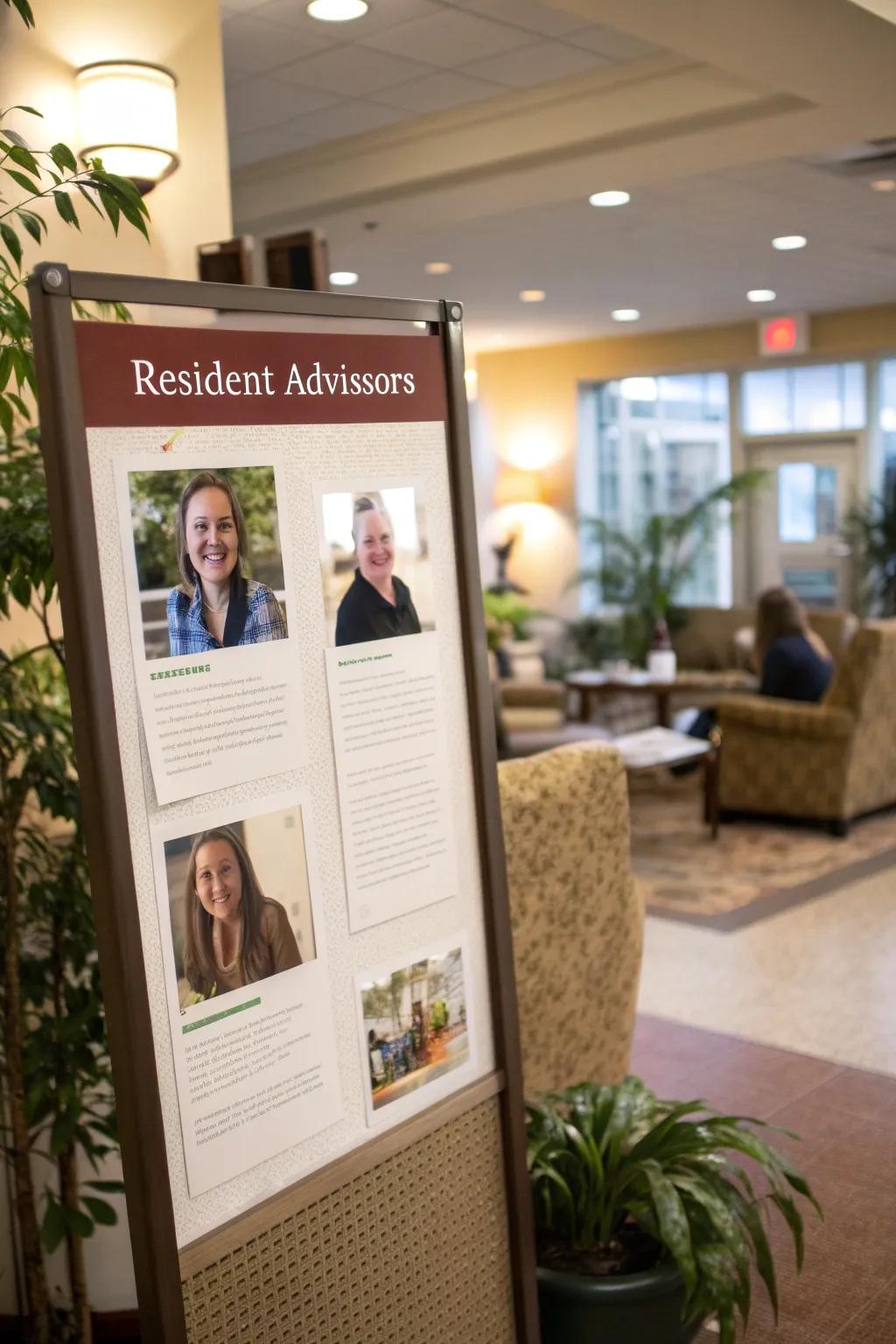 A board that helps residents connect with their RAs through personal bios.