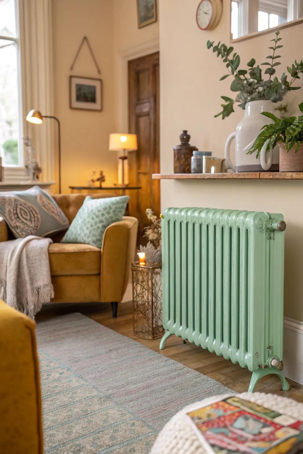 Vibrant green radiators give a modern spin.