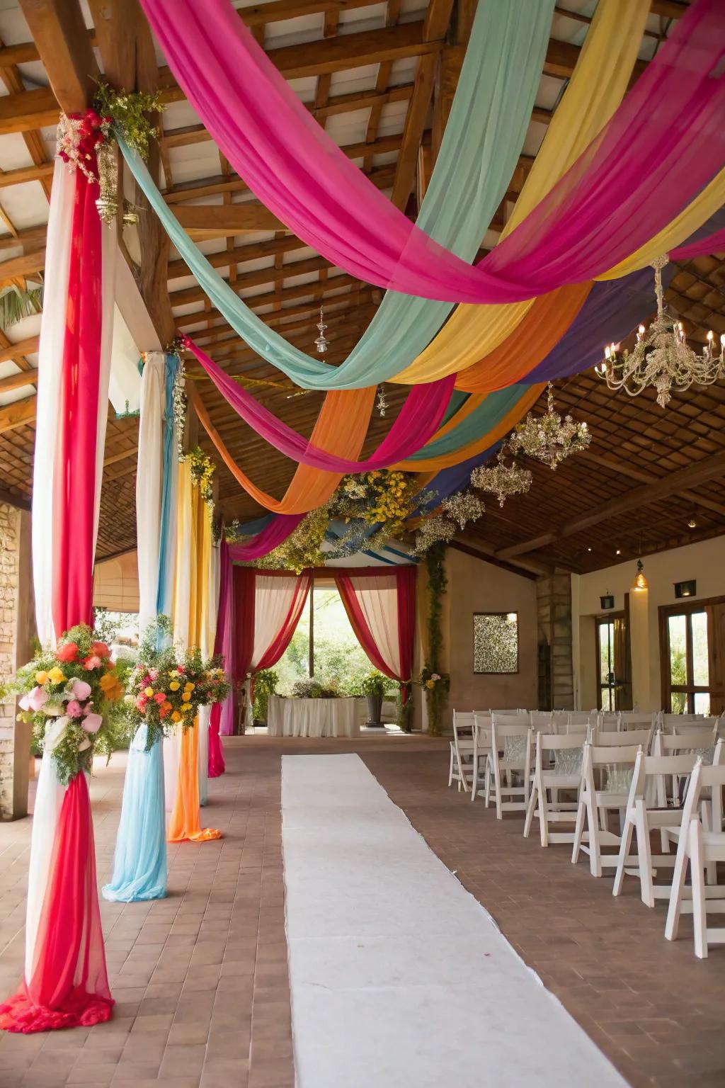 A wedding venue embellished with dazzling prismatic drapes.