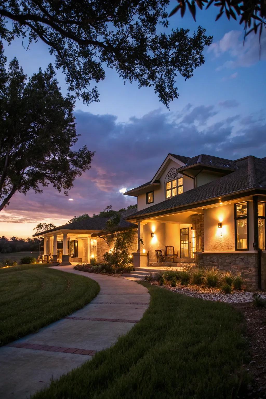 External lighting enhances safety and showcases architectural beauty.