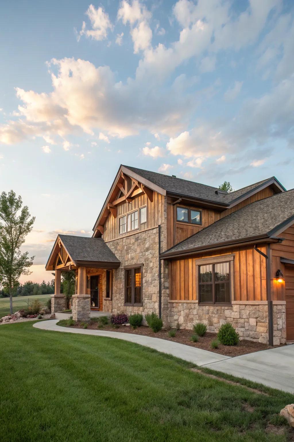 Mixed materials of stone and wood create a unique visual appeal on this ranch house.