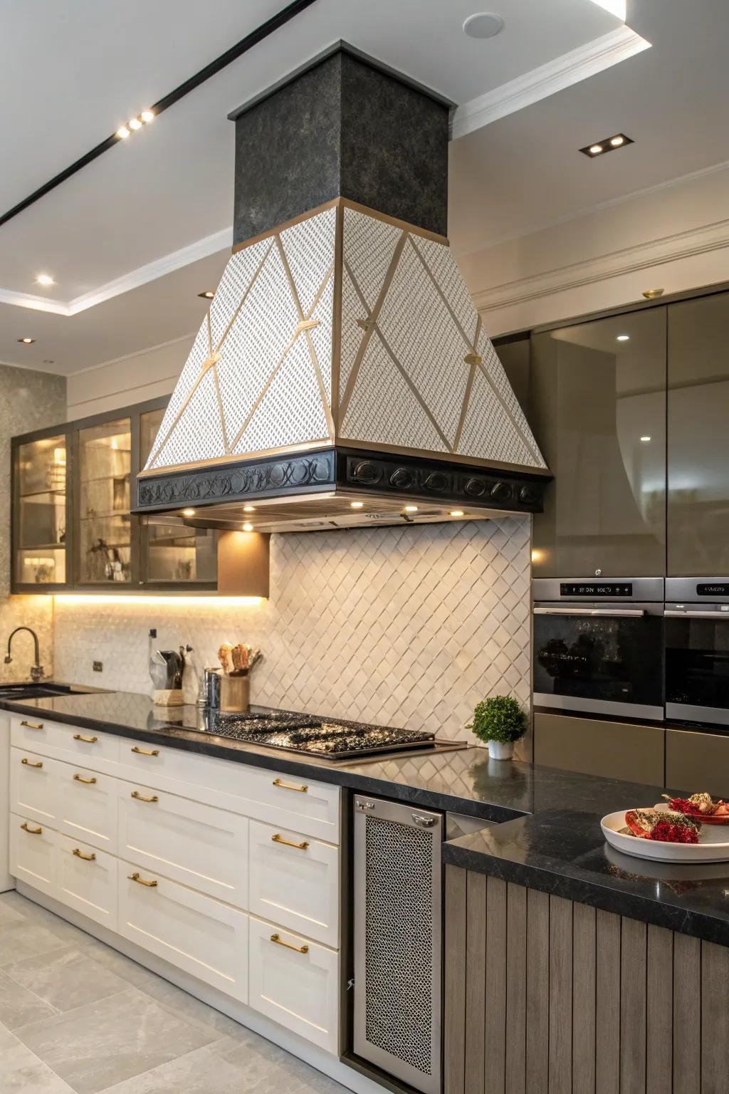 A custom geometric shape creates a standout range hood design.