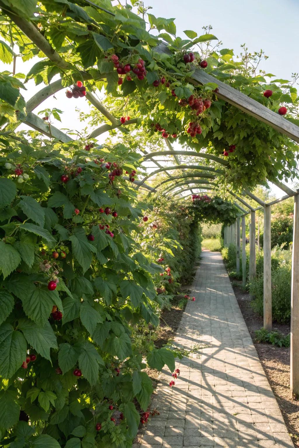 A T-form trellis perfectly suited for bolstering lateral raspberry growth.