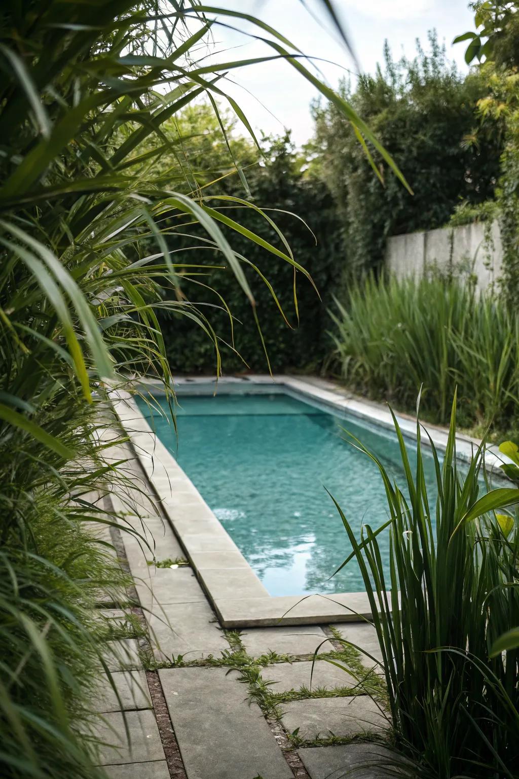 Tall greenery grants privacy and boosts the pool's seclusion.