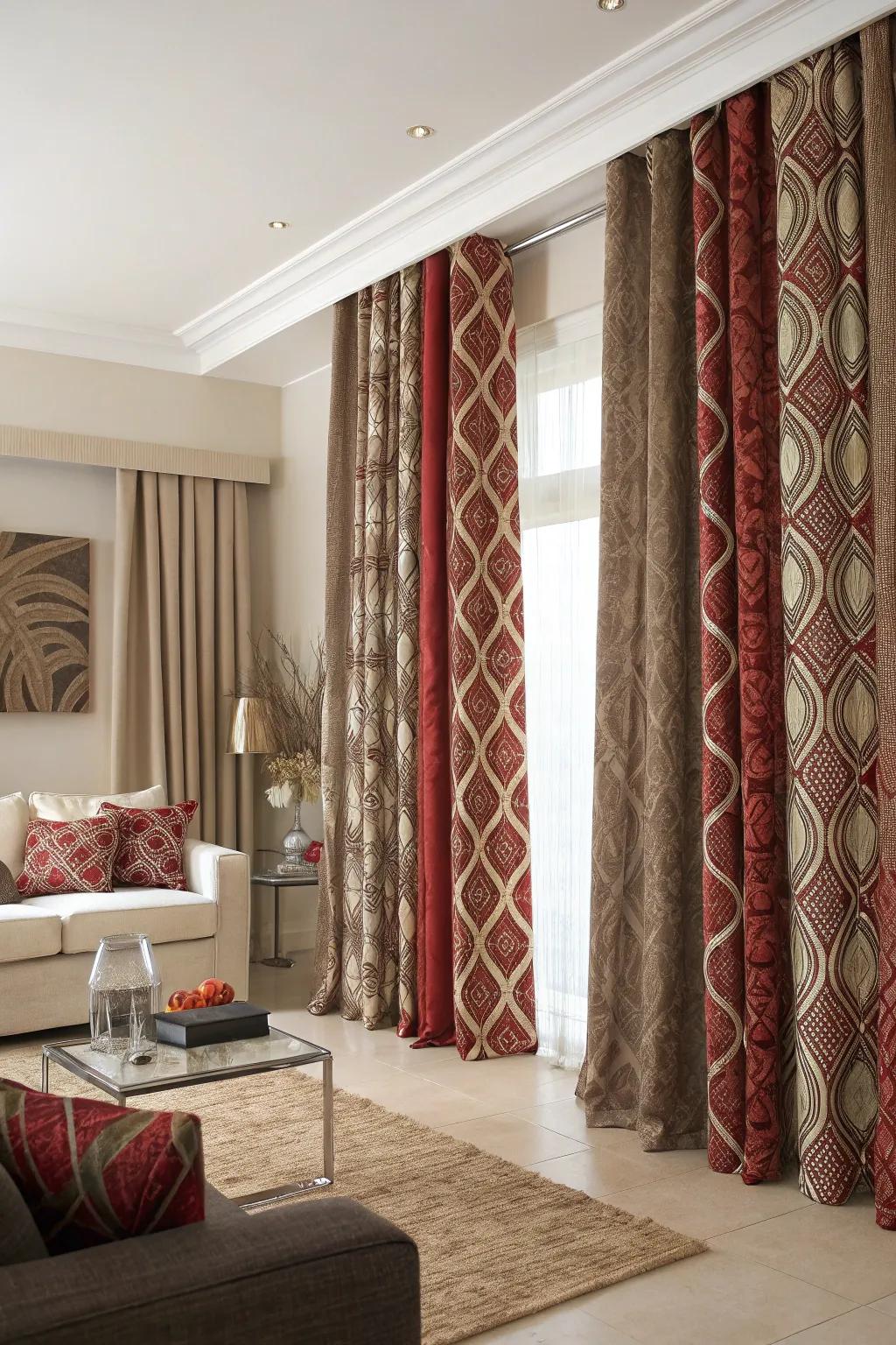 Patterned drapes add visual interest and style to a family room.