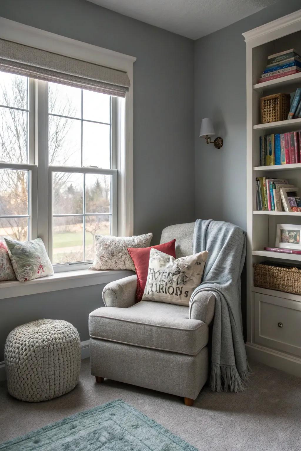 A relaxation corner offers a tranquil escape in a tranquil mist bedroom.