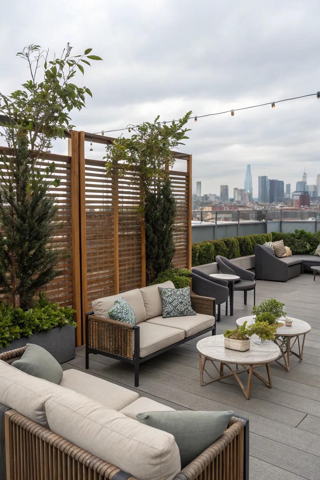 Establish intimate spots on your rooftop utilizing privacy screens.