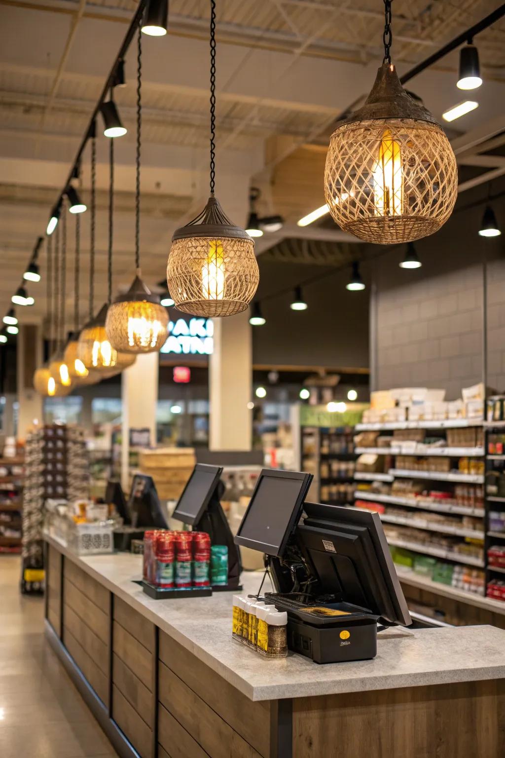 Pendant lights introducing sophistication and focus in a store environment.