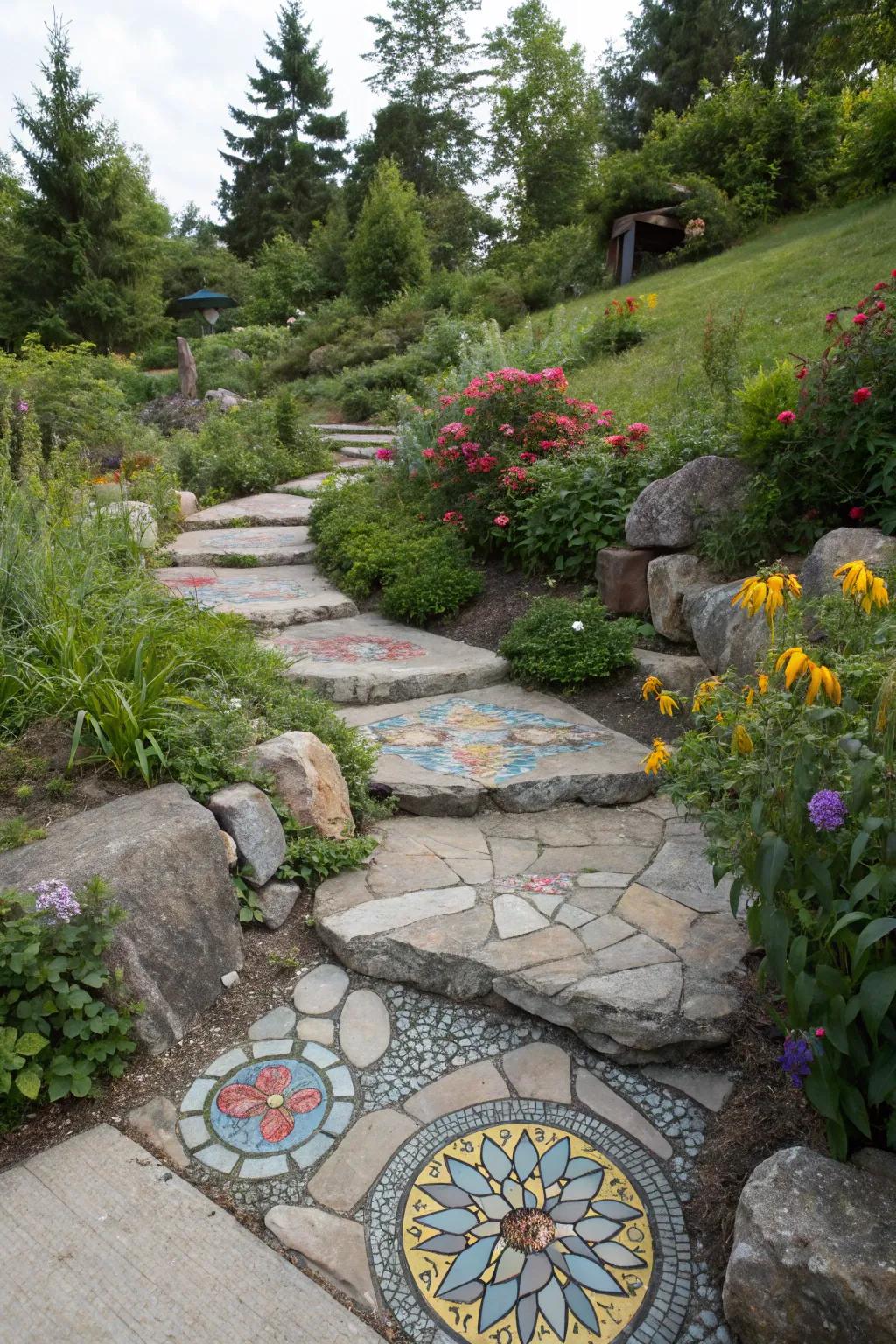 Rustic artistry adds personality and charm to pathways.