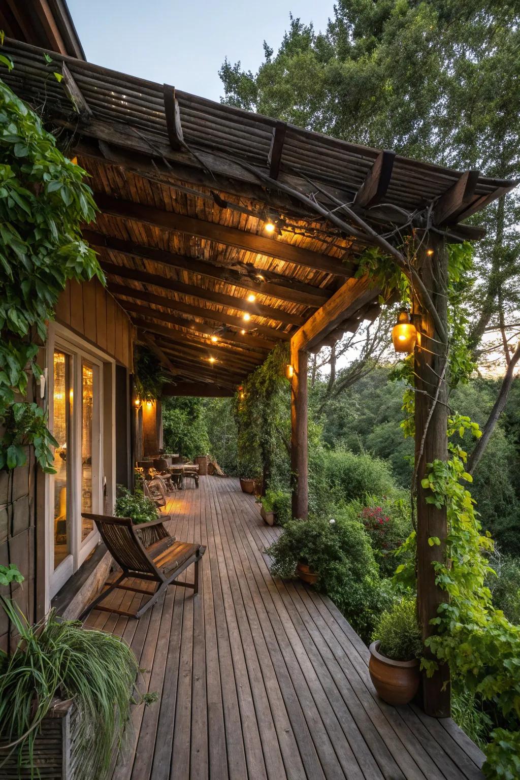 A country timber roof fashions a warm and inviting deck space.