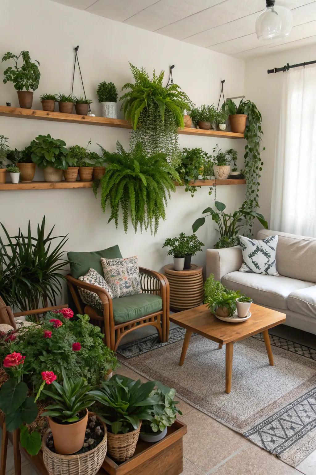 Houseplants adding liveliness and freshness to a room layout.