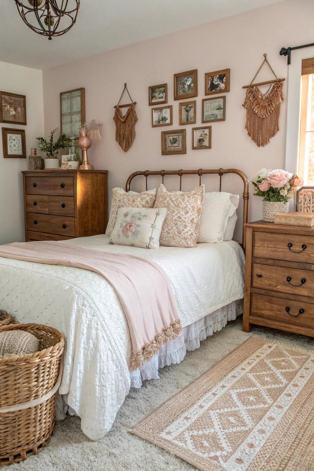 Blush tones elevate a farmhouse-inspired chic bedroom.