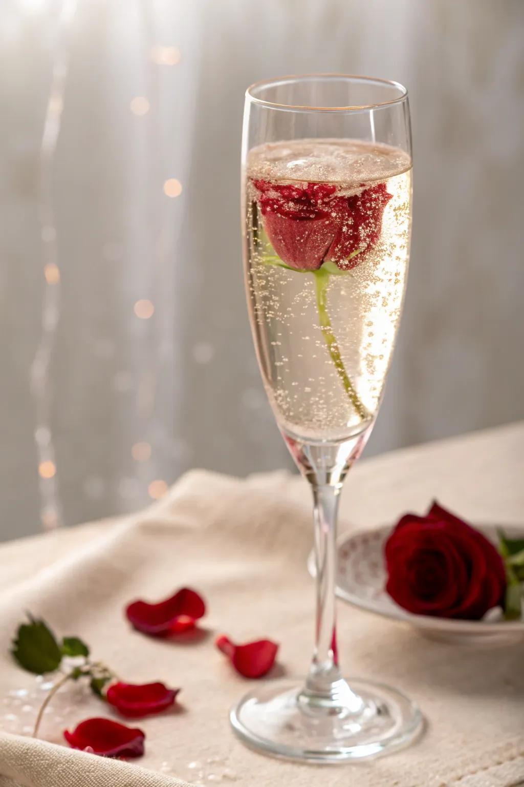 A glass of sparkling wine with a floral disc for an amorous toast