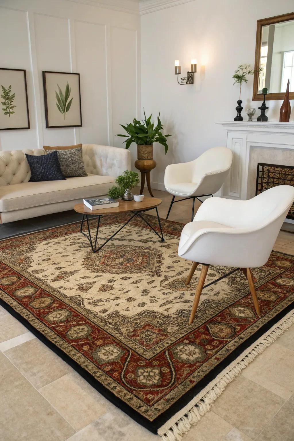 A modern rug on a classic carpet makes for an interesting mix of styles.