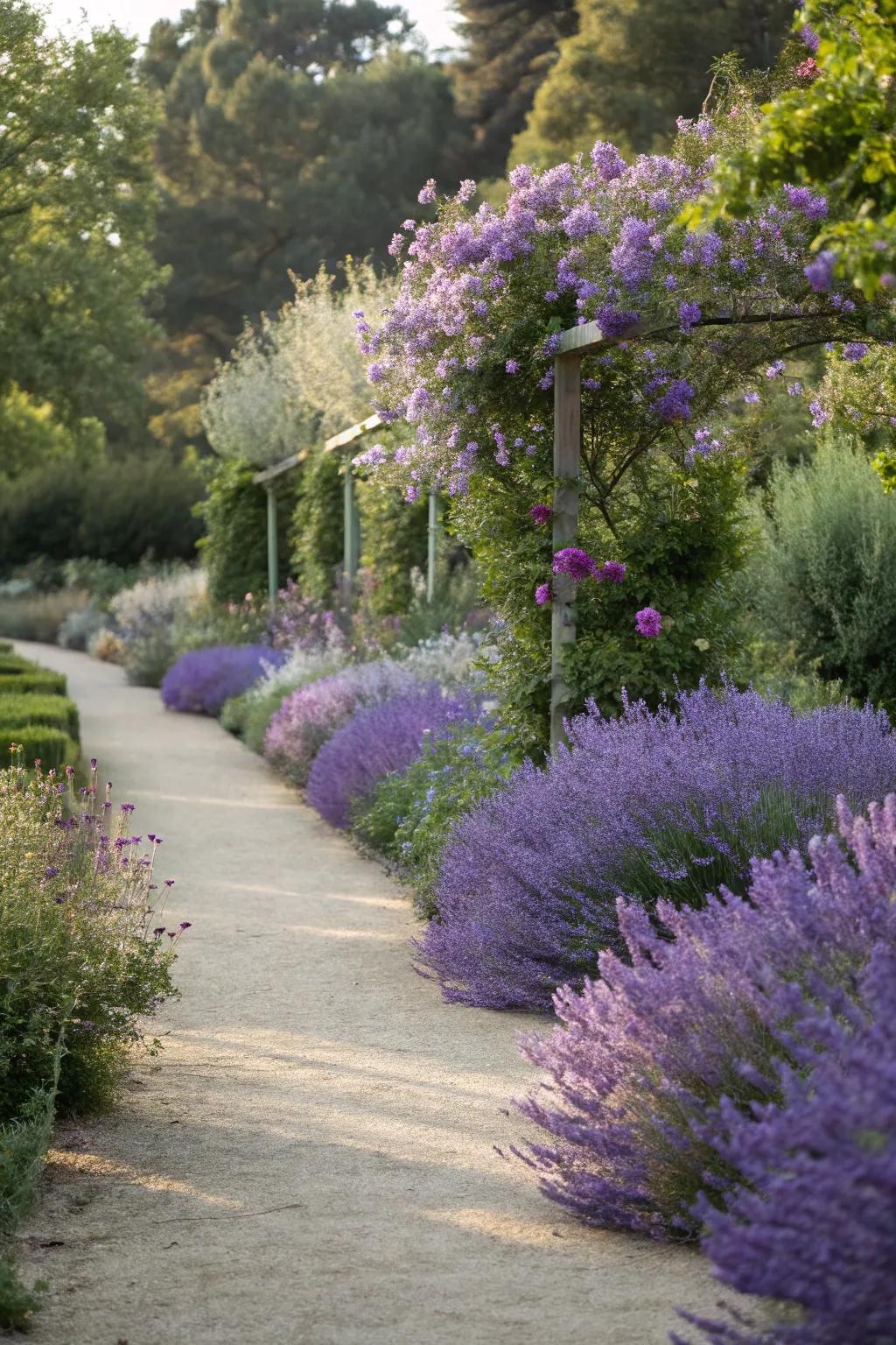 A sensory garden path with fragrant 'Silver Whisper' and lavender.