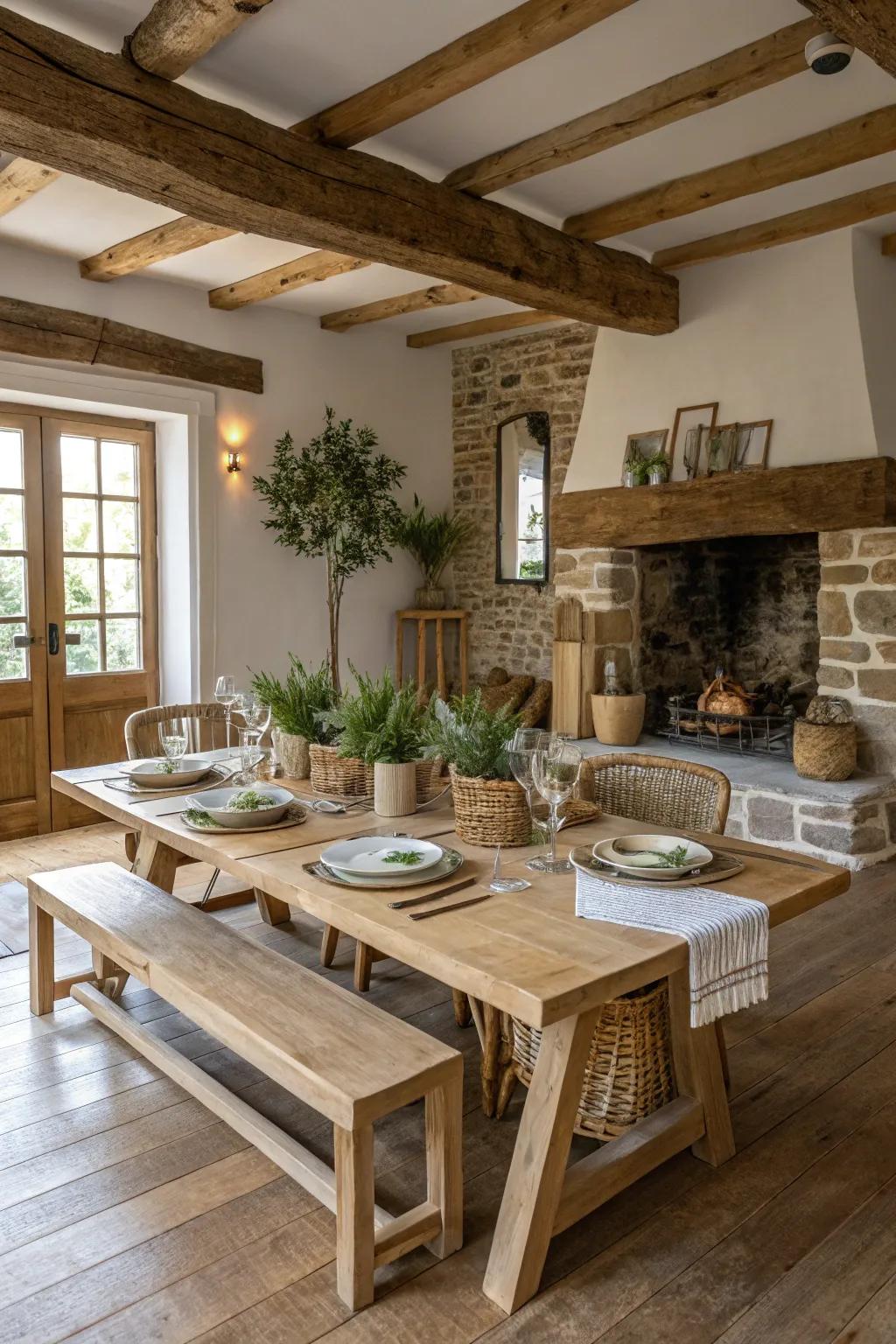 A countryside dining space centered around a farmstead table.