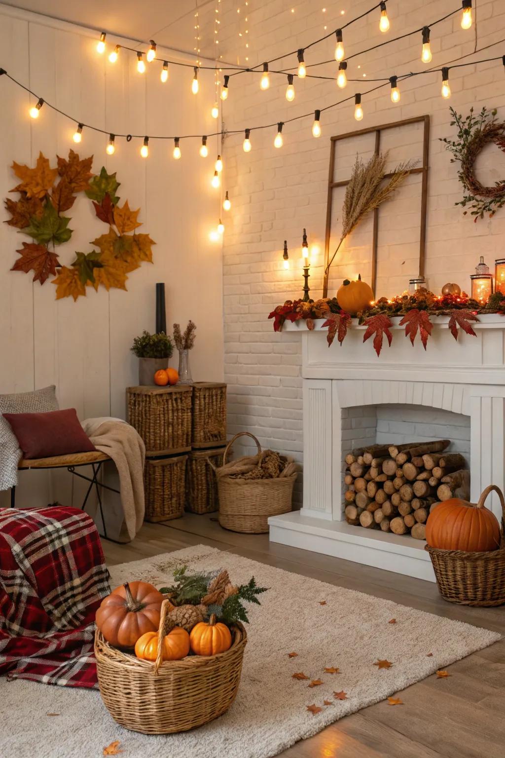 Warm string lights create a cozy ambiance.