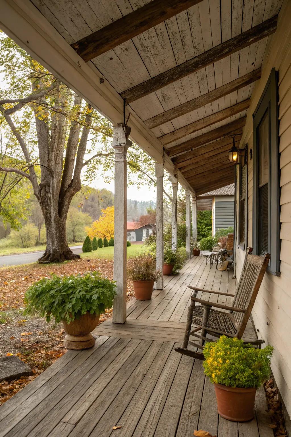 A roofed porch offers comfort and shelter and a comfy ambiance year-round.
