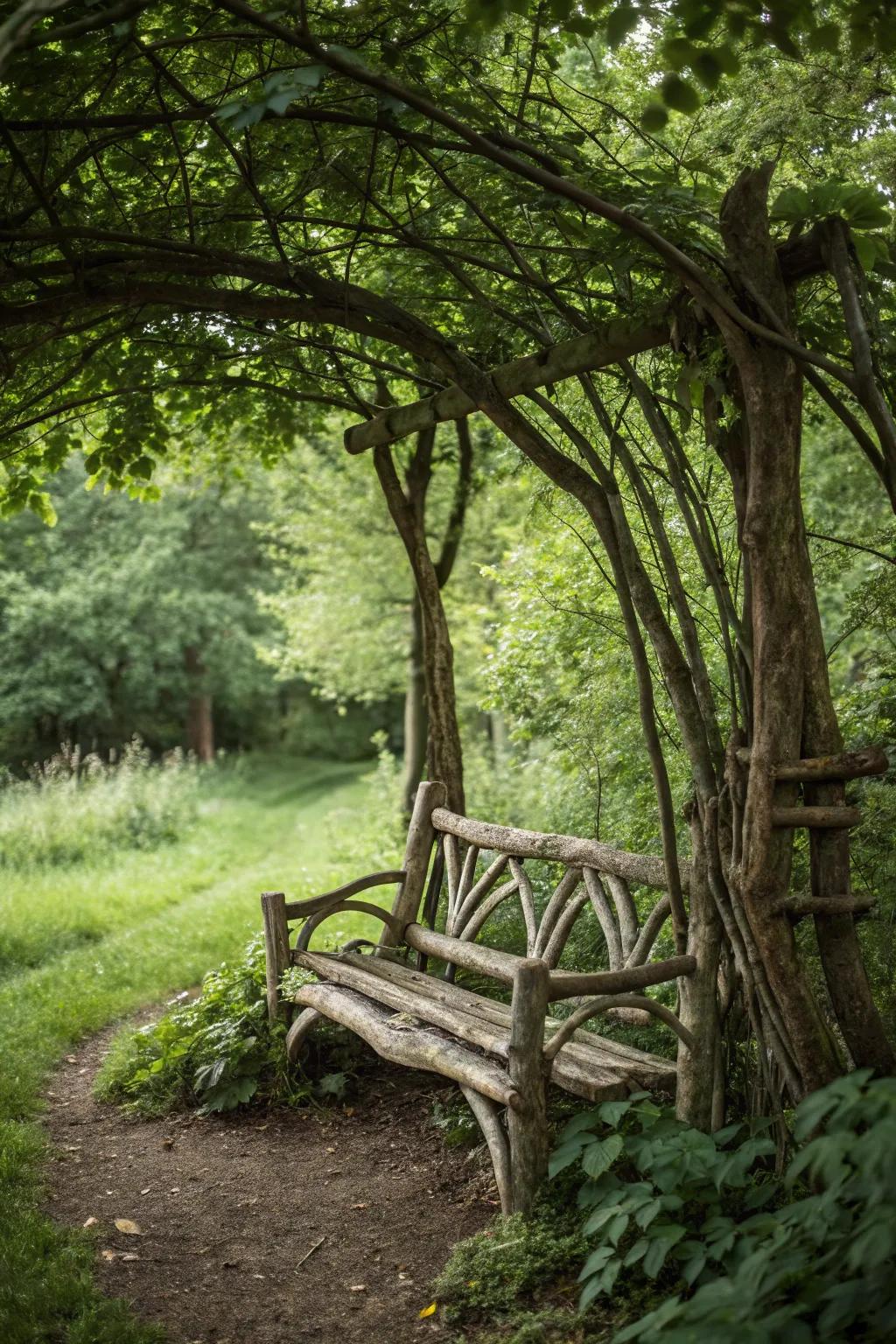 A garden seat made from natural limbs and logs.