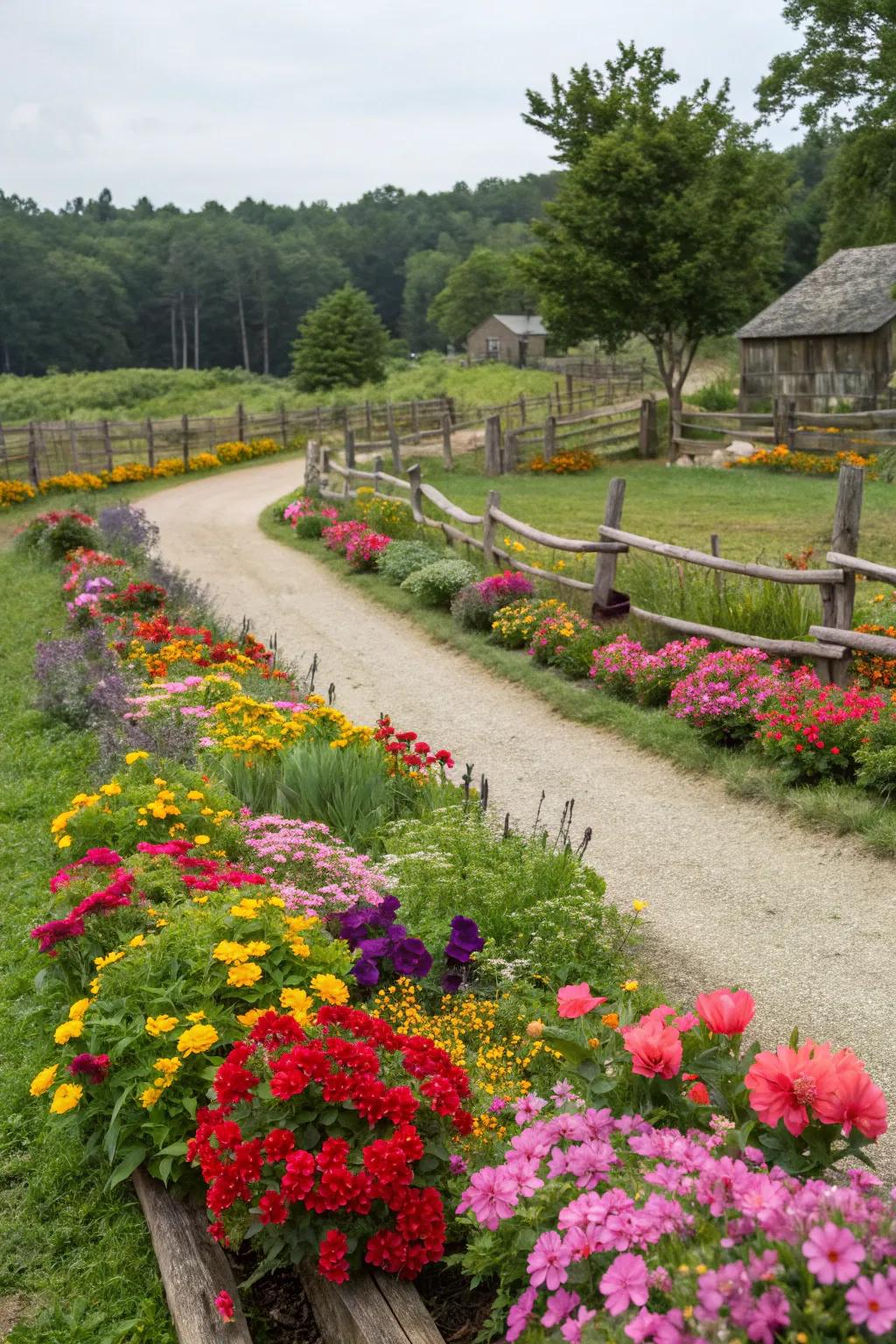 Vibrant garden plots introducing life to a natural setting.