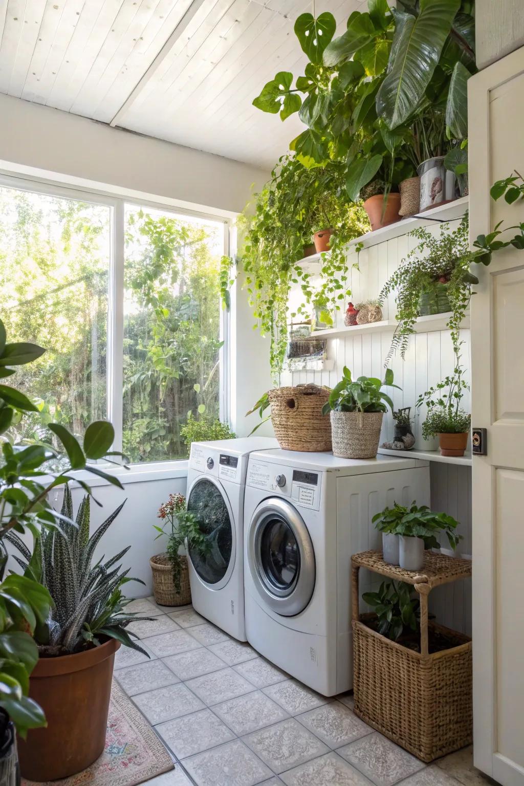 Floral accents introduce a refreshing, organic flair to the washing area.