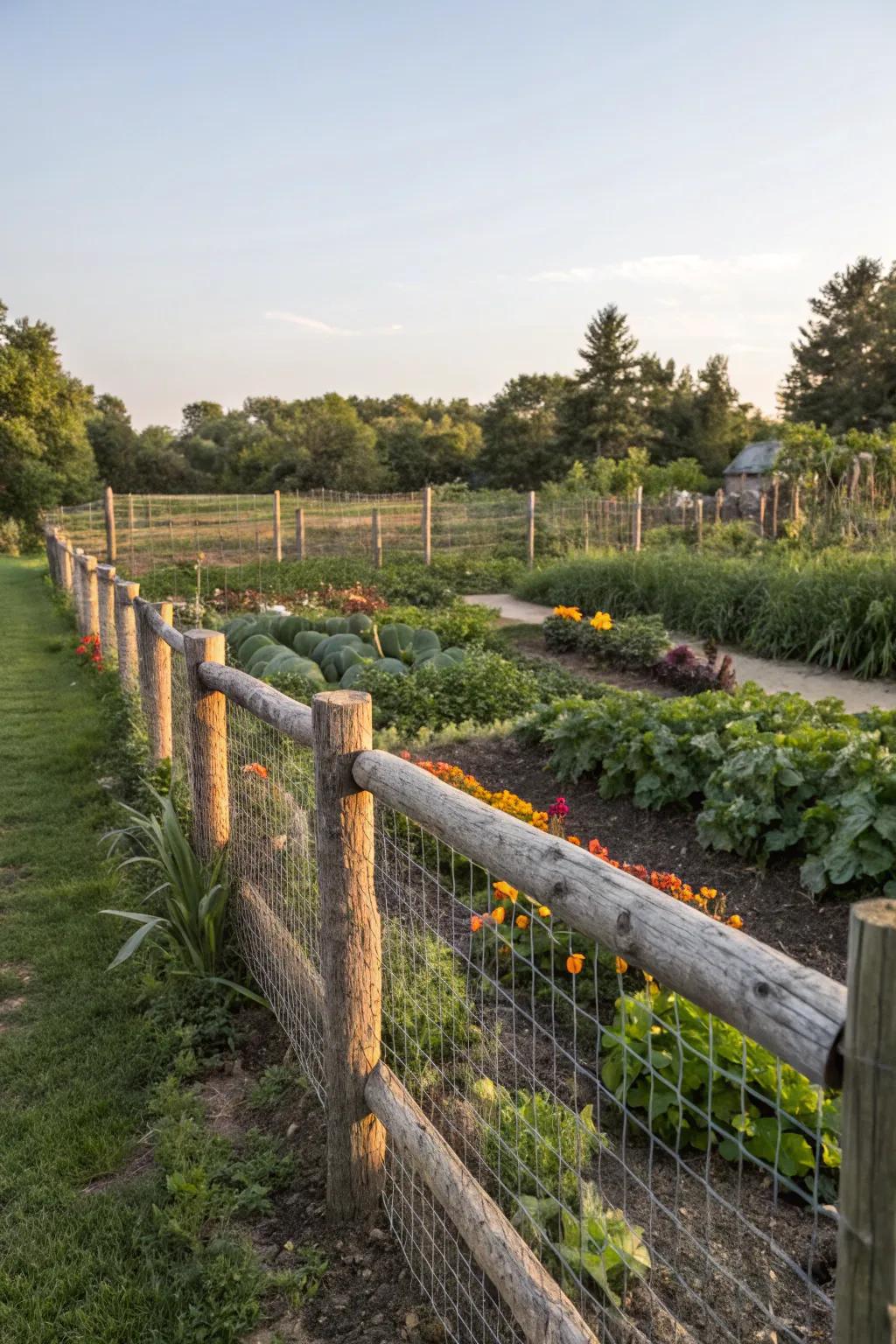 A log fence with wire mesh protects a flourishing vegetable garden from wildlife.