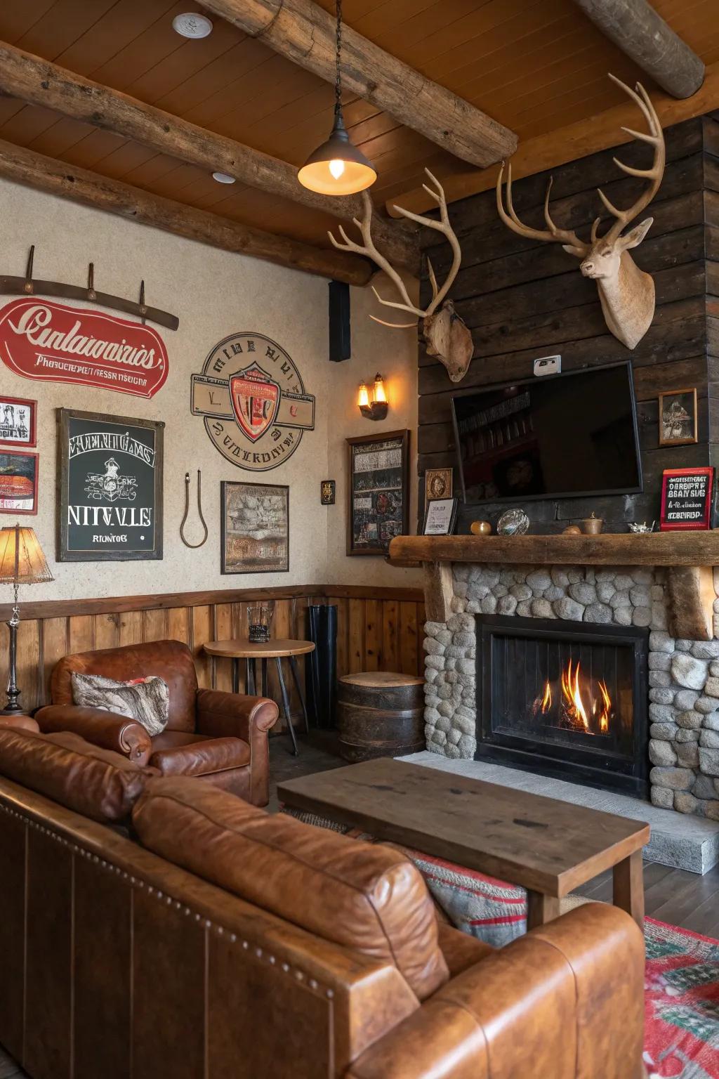Earthy trimmings, incorporating antlers and age-old placards, inject persona into this man cave.