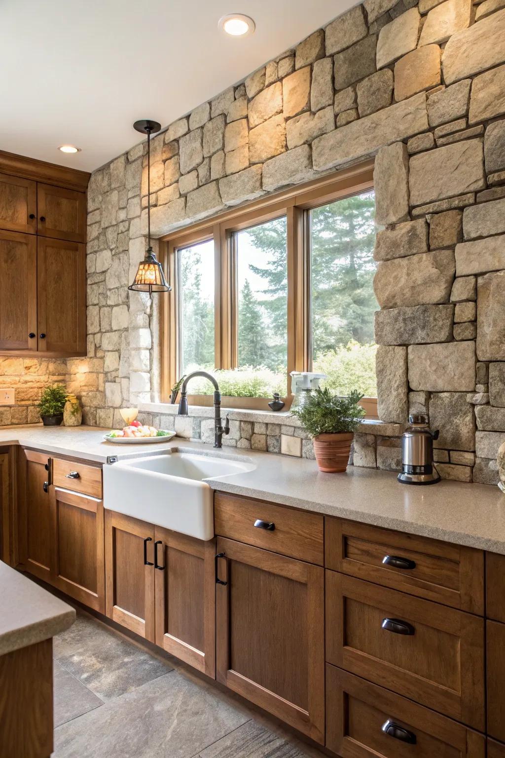 Stone backsplash adds a rural charm to the modern kitchen.