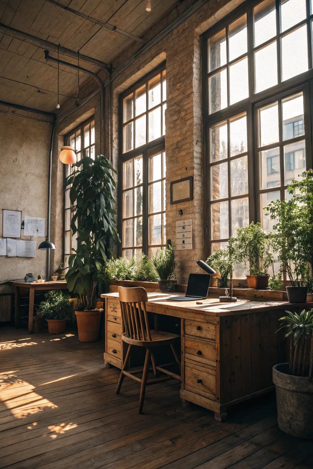 Natural illumination enhances the warm hues of a country-style office.