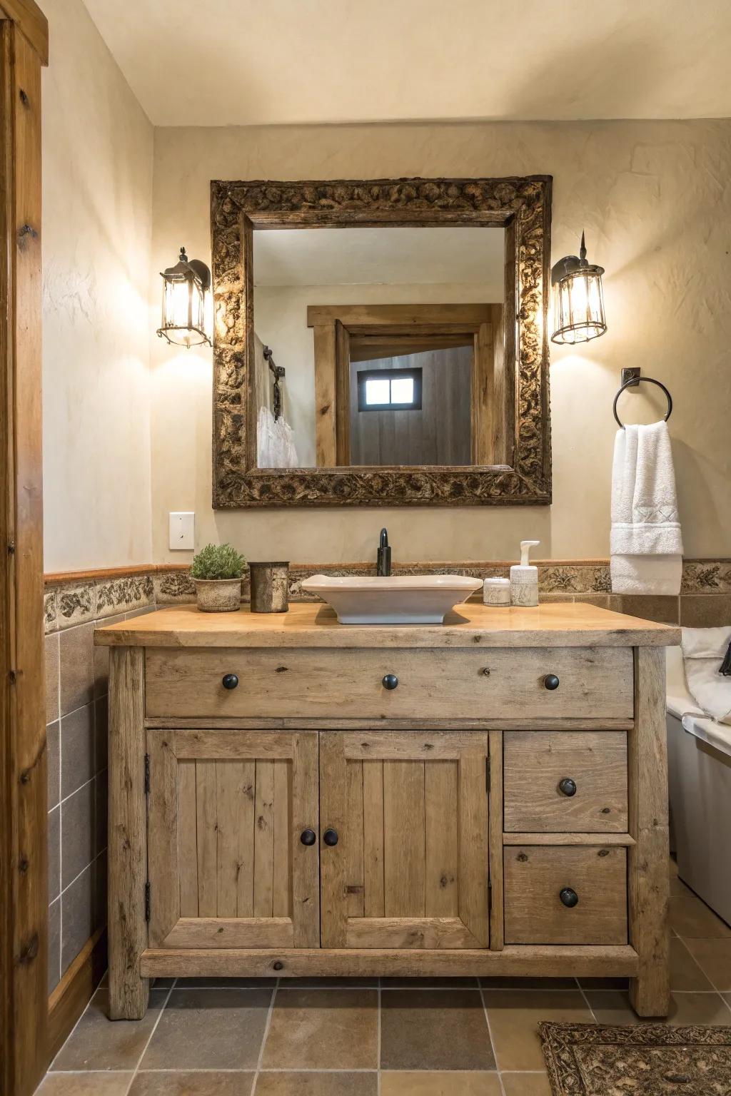 An aged mirror introduces past and character to the bathroom.