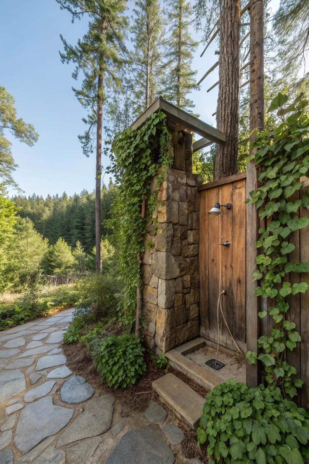 A shower showcasing verdant foliage that introduces an invigorated and unrefined accent to the weathered design.
