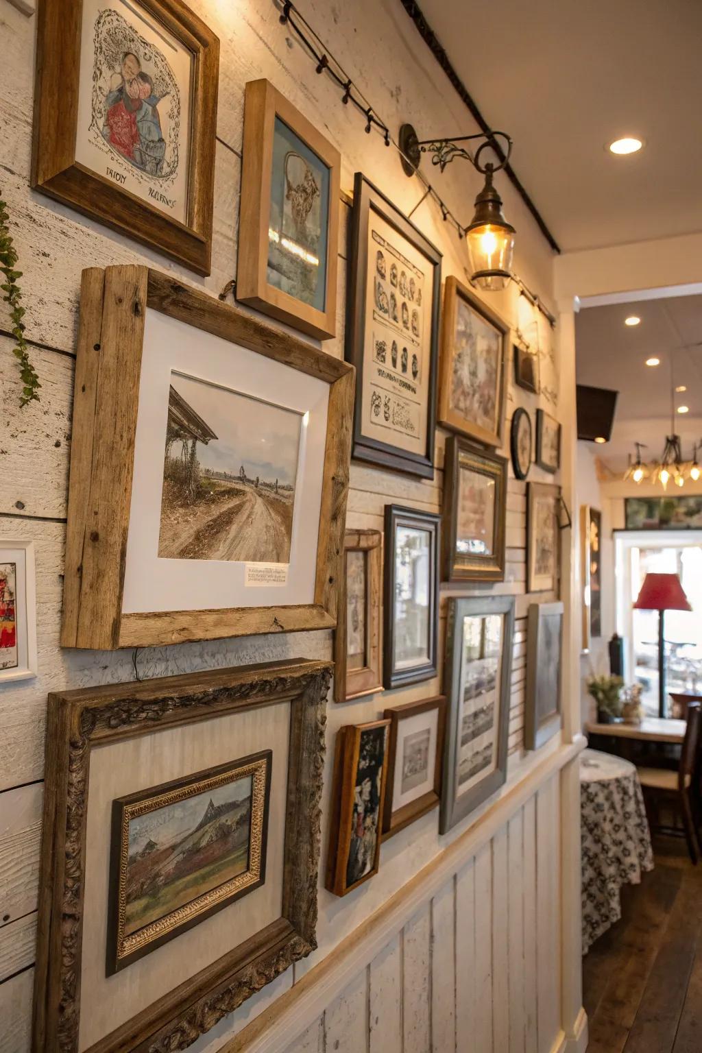 A countryside gallery wall showcasing a fusion of timber frames and time-honored artwork.