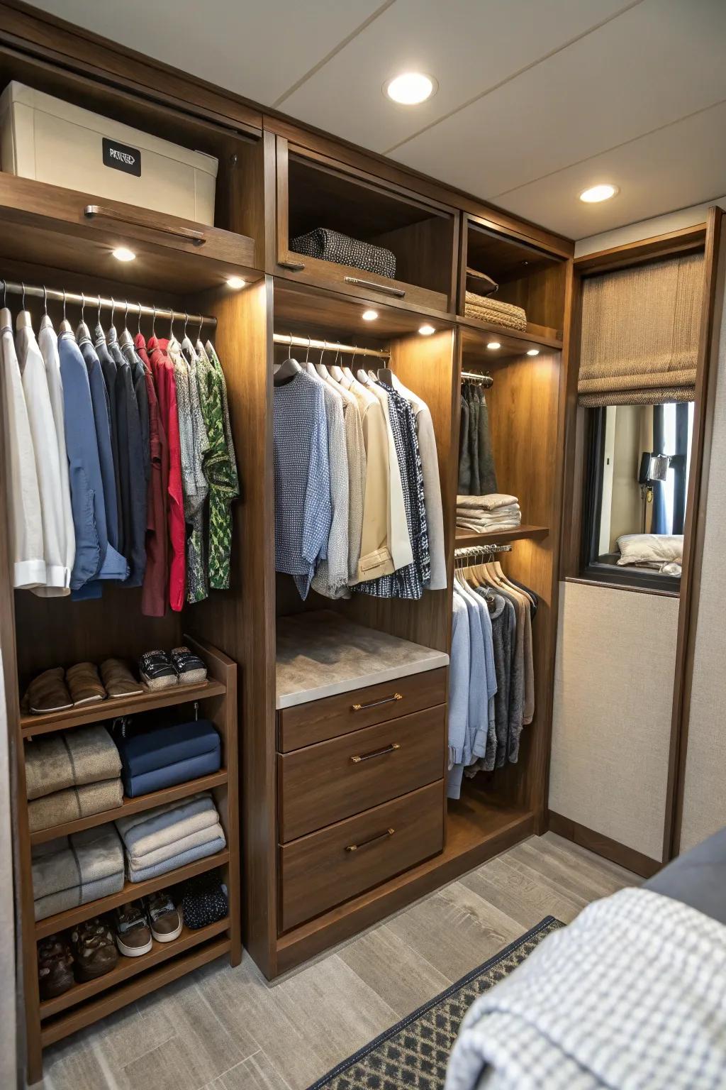 Shelf dividers aid in maintaining a tidy and organized RV closet.