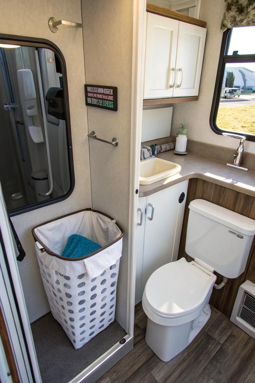 A wall-mounted receptacle that saves area in an RV restroom.