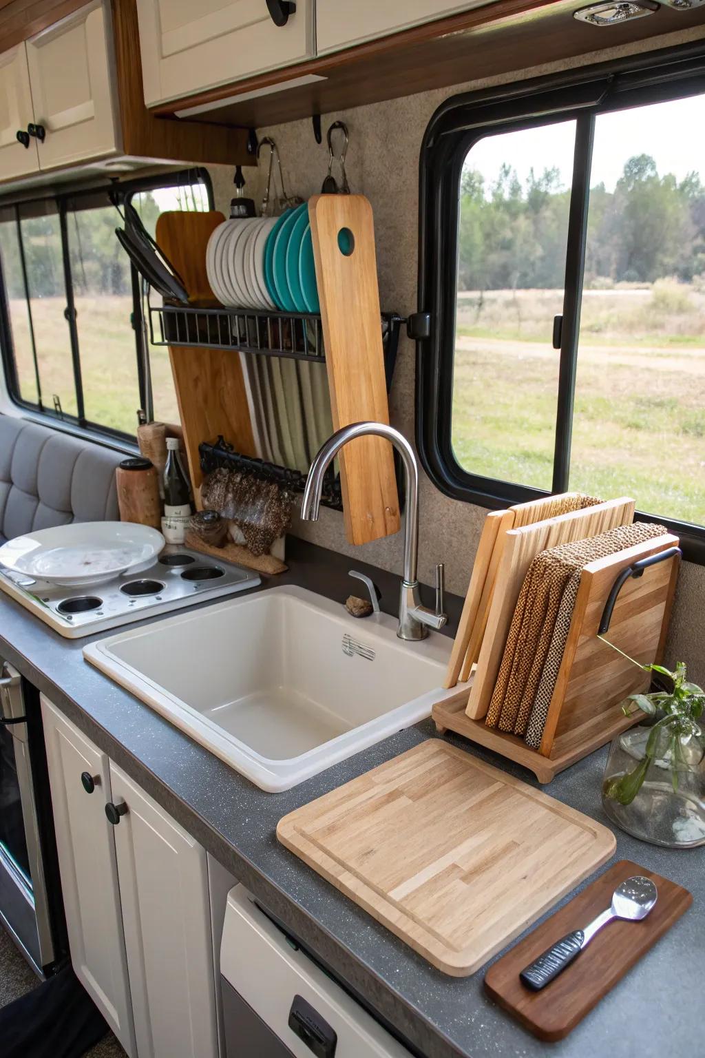A workplace basin in an RV for efficient multitasking.