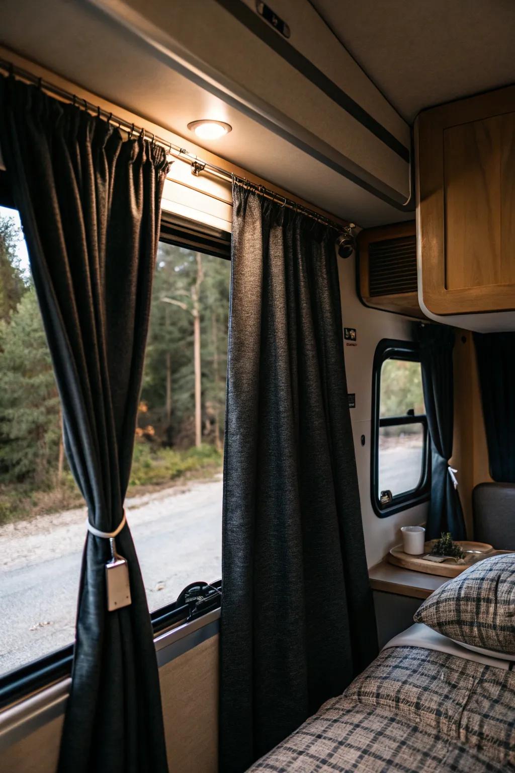 Blackout curtains guarantee restful sleep by shutting out external light.