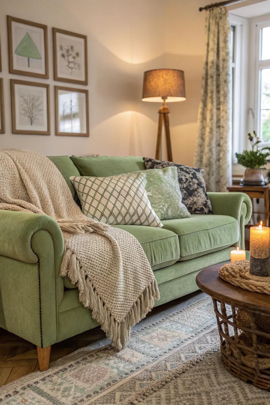Textured throws contribute warmth and depth to a settee in sage.